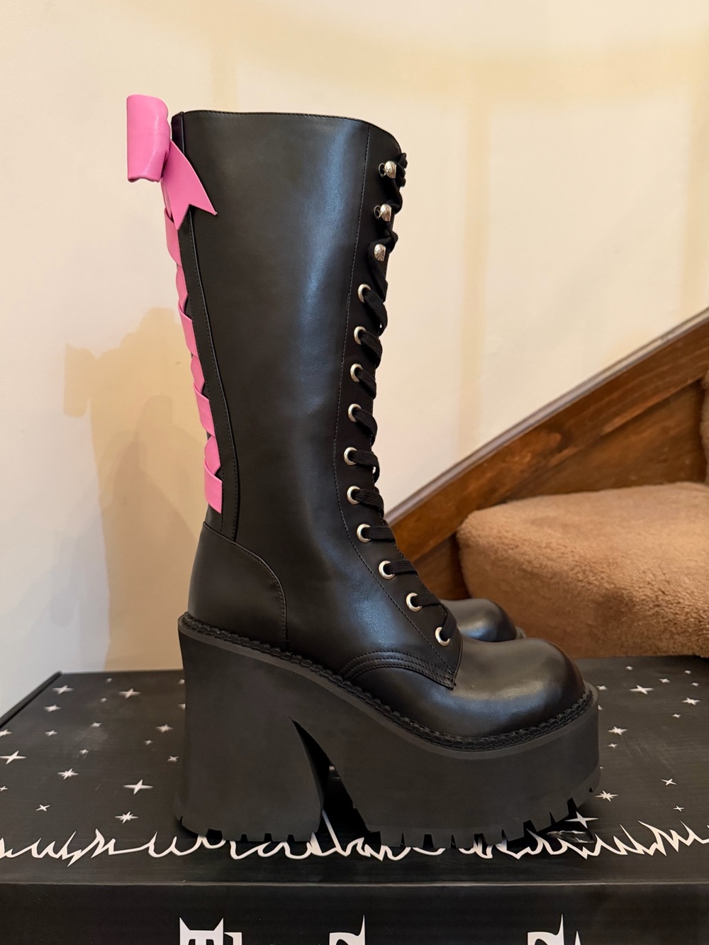 The Grave Girls Black Pink Bows Faux Leather Knee High Platform Corset Boots 10